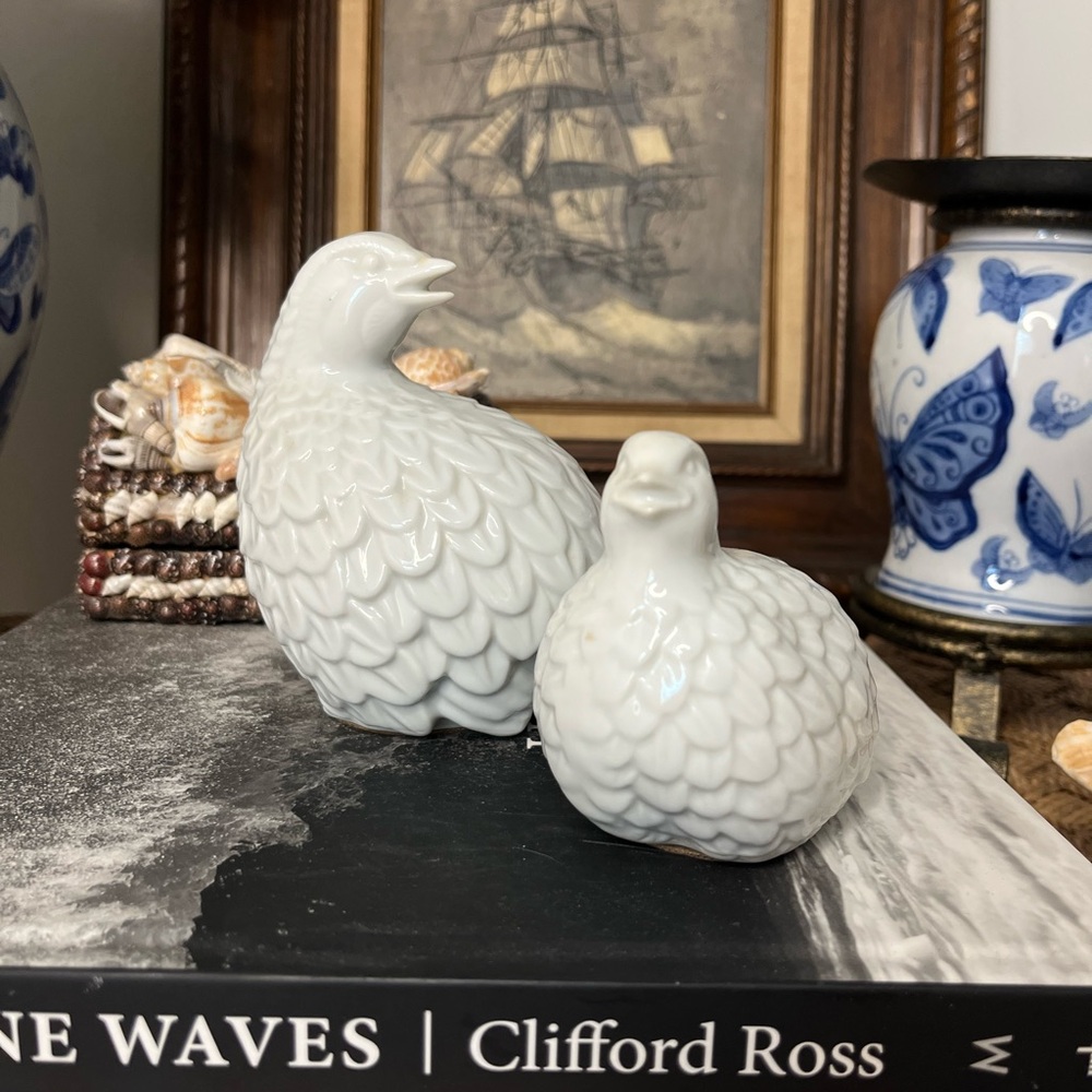 vintage white porcelain quail figurines